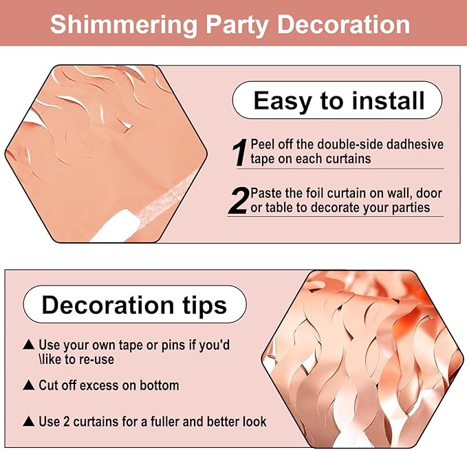 4 Pack Rose Gold Wave Foil Fringe Curtain Backdrop, 3.28Ft x 8.2Ft Metallic - Image 3
