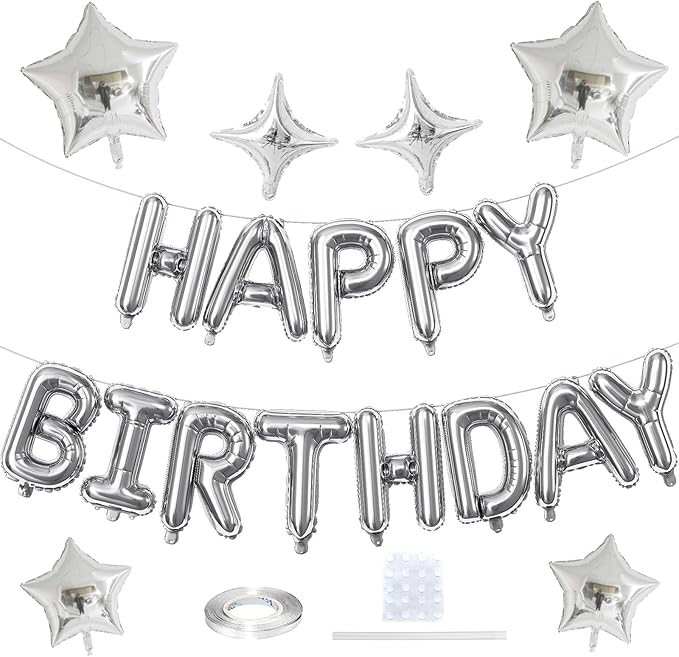 Silver Happy Birthday Balloon Banner, 16 Inch Mylar Foil Letter Balloons - Image 9