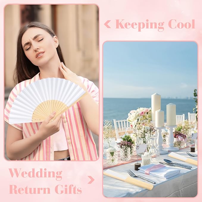 6 Pieces White Hand Held Bamboo Folding Fans Foldable Paper Fans Handheld - Image 5
