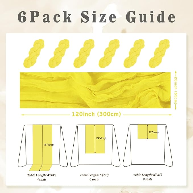 6 Pack Yellow Cheesecloth Table Runner 20 x 120 Inch Long Rustic Gauze Cheese - Image 2