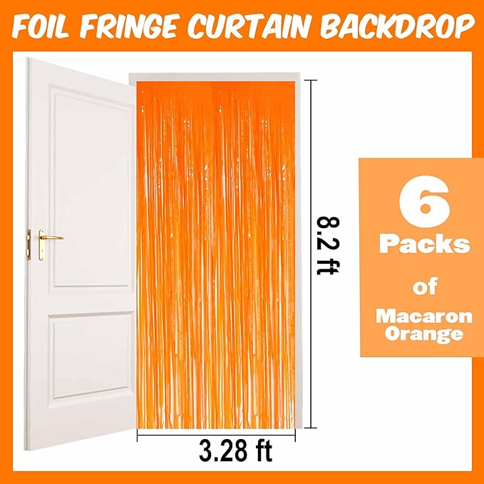 6 Pack Macaron Orange Foil Fringe Curtains Backdrop, 3.28 x 8.2 Ft Metallic - Image 2