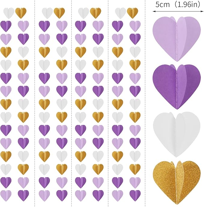 Purple-Gold Party-Decorations 3D Heart Garland - 39Ft White Purple Lavender - Image 2