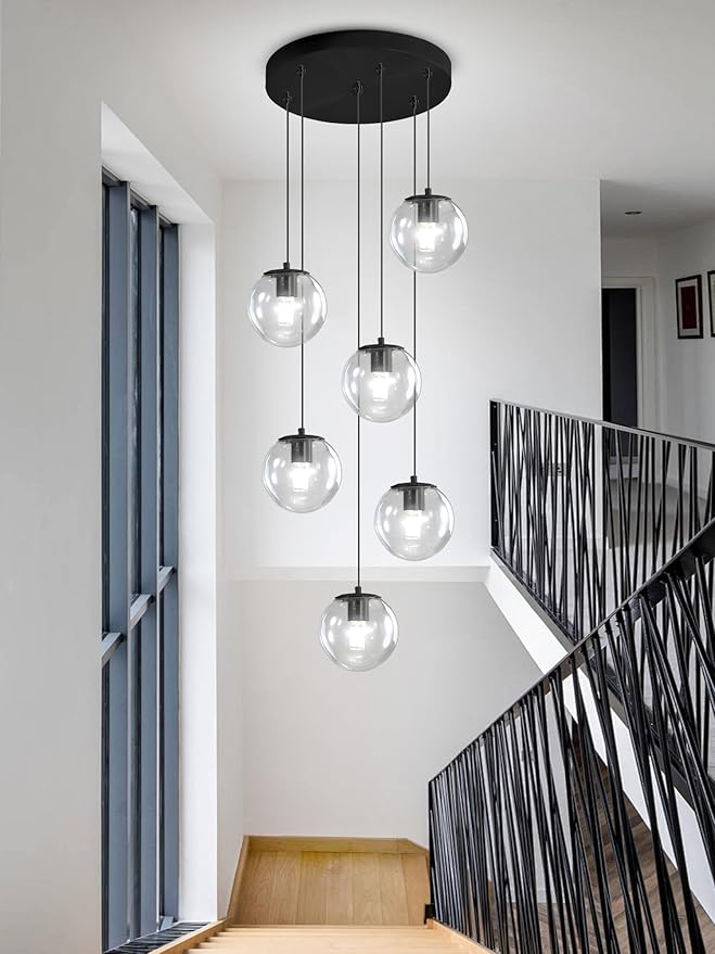 H 87in Modern Glass Globe Chandelier 6-Lights Glass Pendant Light by ShialLighting