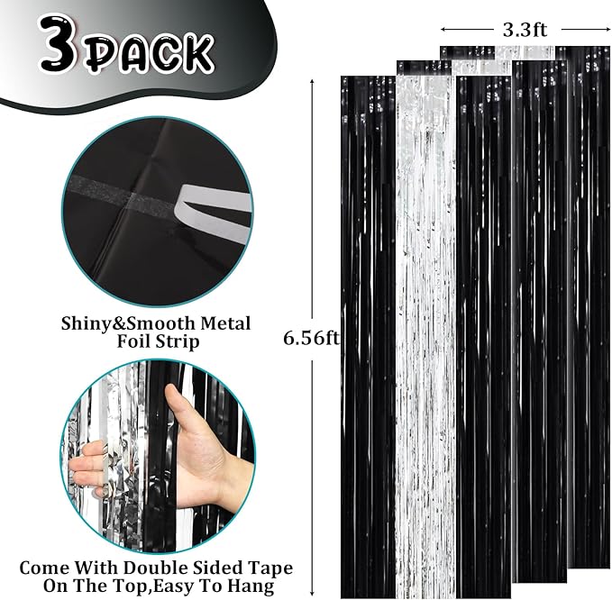 3 Pack 3.3 x 8.2 ft Black and Silver Foil Fringe Backdrop Curtains, Tinsel - Image 2