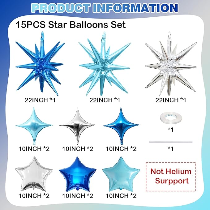 Blue Silver Star Balloons, 22in Large Star Balloons Foil 10in 4-Pointed & - Image 2