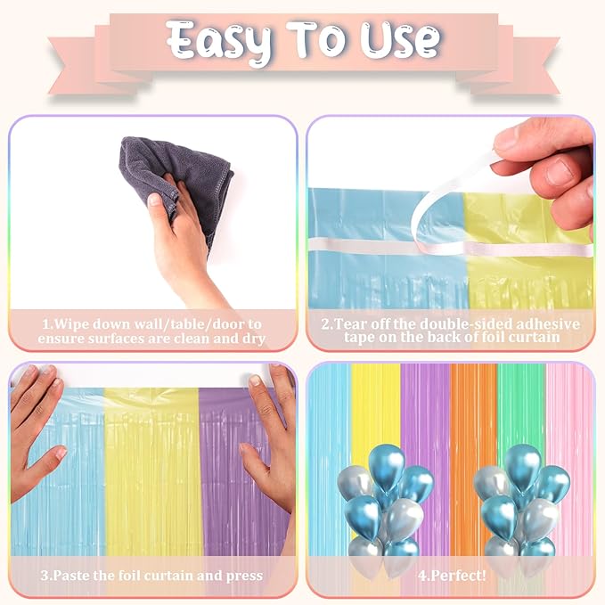 2 Pack Pastel Rainbow Foil Fringe Backdrop Curtains, Tinsel Streamers Party - Image 4