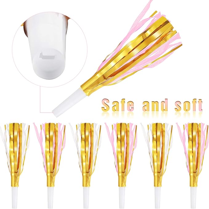 24 Pieces Gold Noise Makers Glitter Metallic Fringed Party Blowers Pink Musical - Image 3