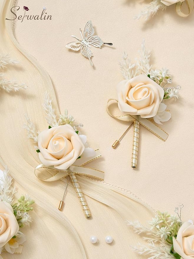 Serwalin 10Pcs Boutonniere for Men Wedding, Champagne Groom and Best Man - Image 3
