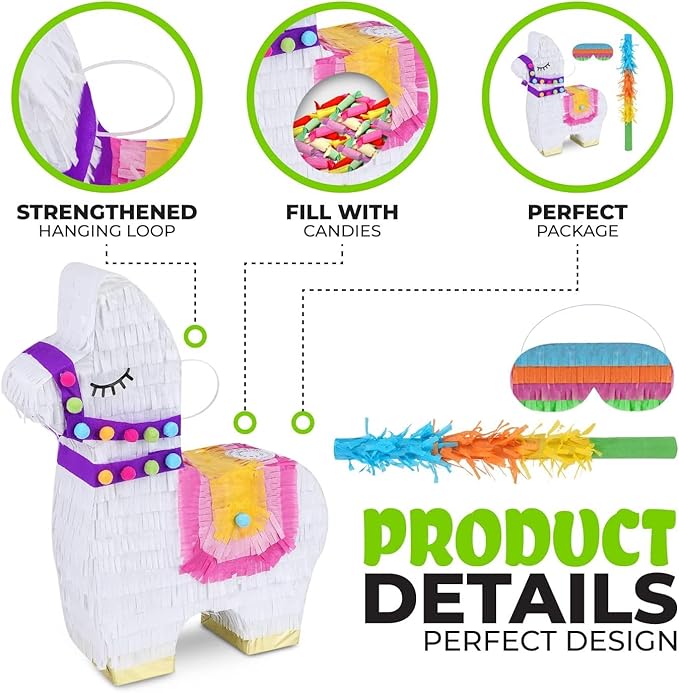 Llama Pinatas Bundle with a Blindfold and a Bat, Mexican Theme Parties - Image 3