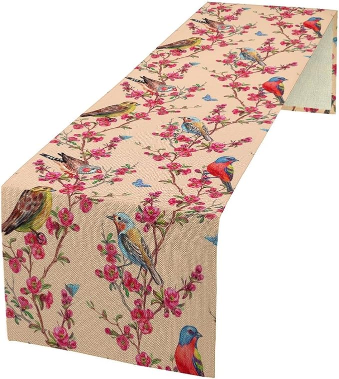 Floral Butterfly Table Runner Seasonal Spring Flower Bird Table Decoration by ICMOLYYENLO