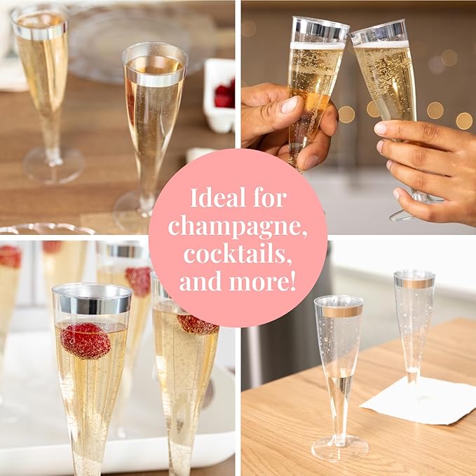 Prestee Set of 24 Silver Glitter Plastic Champagne Flutes - Image 6
