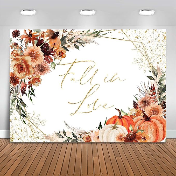 Mocsicka Fall in Love Bridal Shower Backdrop Boho Autumn Leaves Pumpkin Bride by Mocsicka