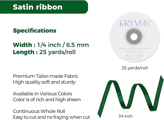 Green Satin Ribbon 1/4 inch X Continuous 25 Yards, Single Face Polyester Ribbon - Image 3