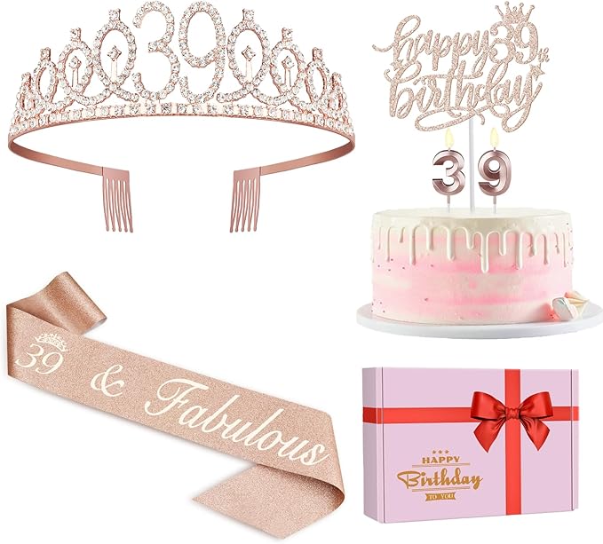 39th Birthday Decorations, Rose Gold Sash, Candles & Cake Topper by JueslyBirthdayParty