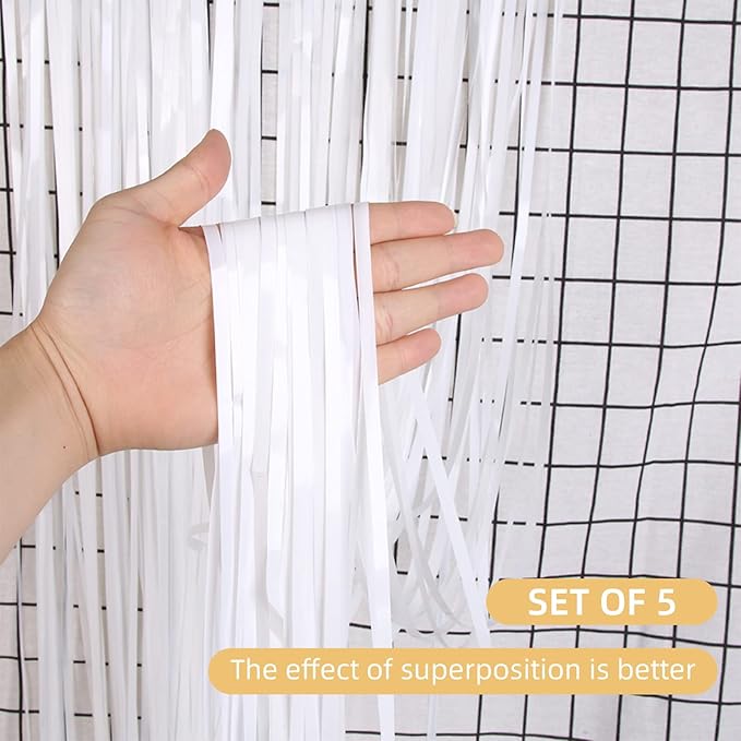 5 Pack White Fringe Foil Curtain 3.2ft x 8.2ft Tinsel Backdrop Streamers - Image 2