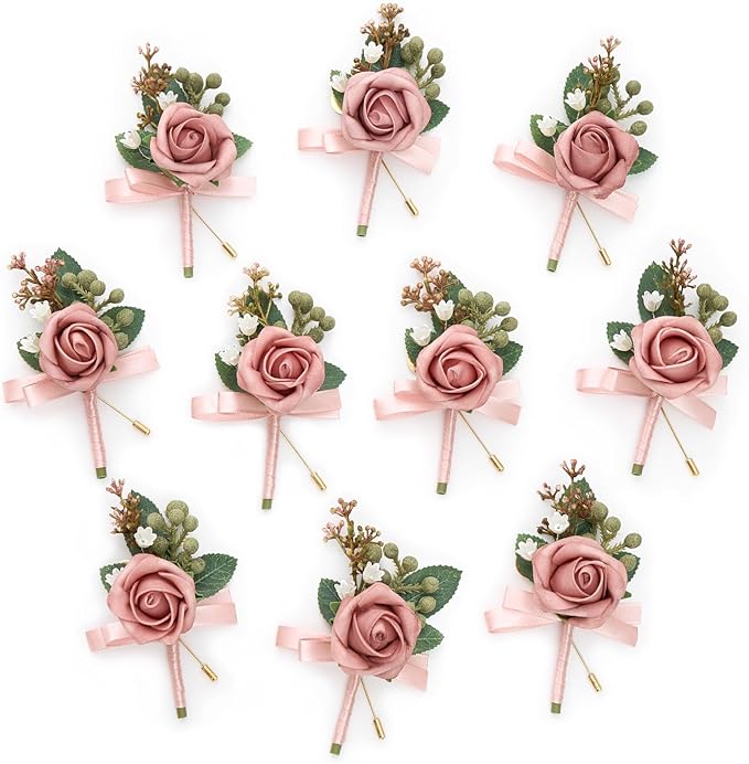 Serwalin 10Pcs Boutonniere for Men, Artificial Flowers for Wedding Decor by Serwalin