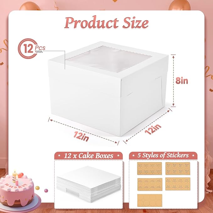 12Pcs Cake Boxes, Large White Disposable Tier Cake Containers - Image 3