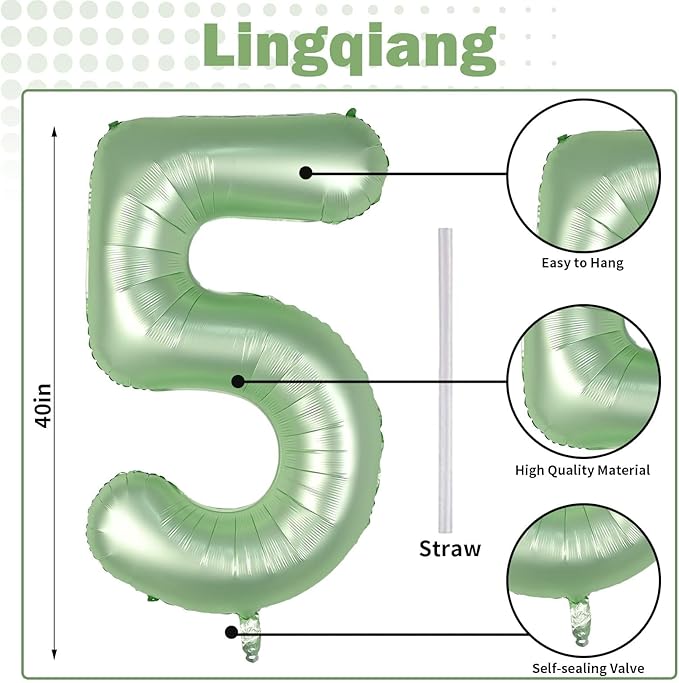 Sage Green 5 Balloons, Self Inflating Digit 5 Balloons - Image 2