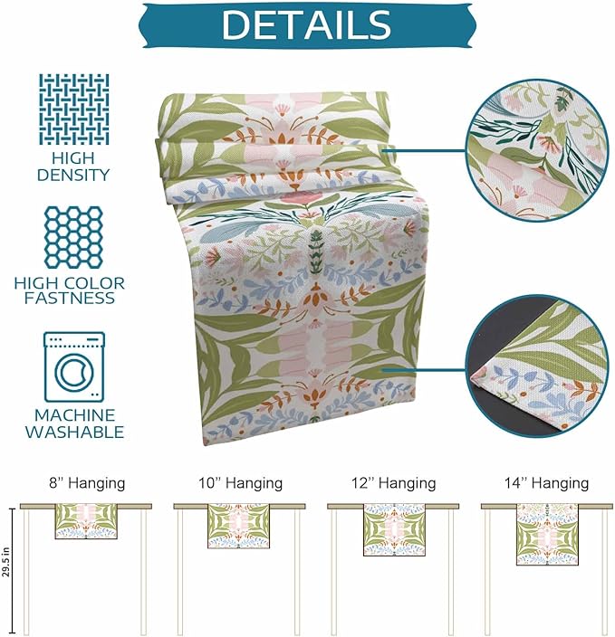Green Blue Pink Boho Floral Cotton Linen Table Runner - Image 7