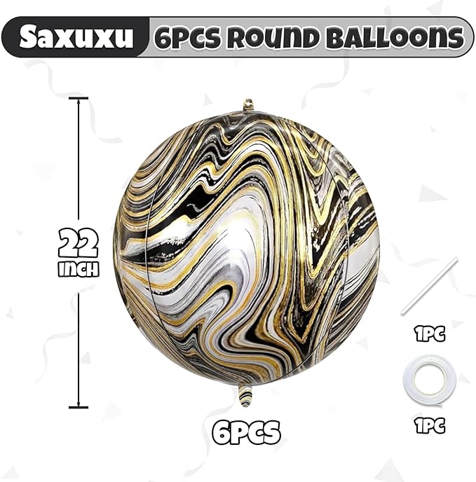 6 Pcs Black Gold and White Balloons, Saxuxu Black and Gold Balloons, 22 Inch - Image 2