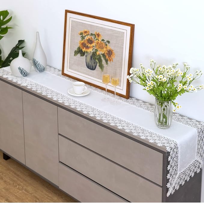 White lace Premium Rectangle Farmhouse Table Runner Waterproof OilProof - Image 2