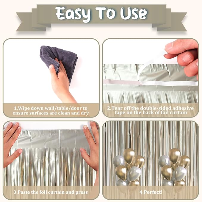 3 Pack 3.3 x 8.2 ft Matte Champagne Foil Fringe Backdrop Curtains, Fringe - Image 3