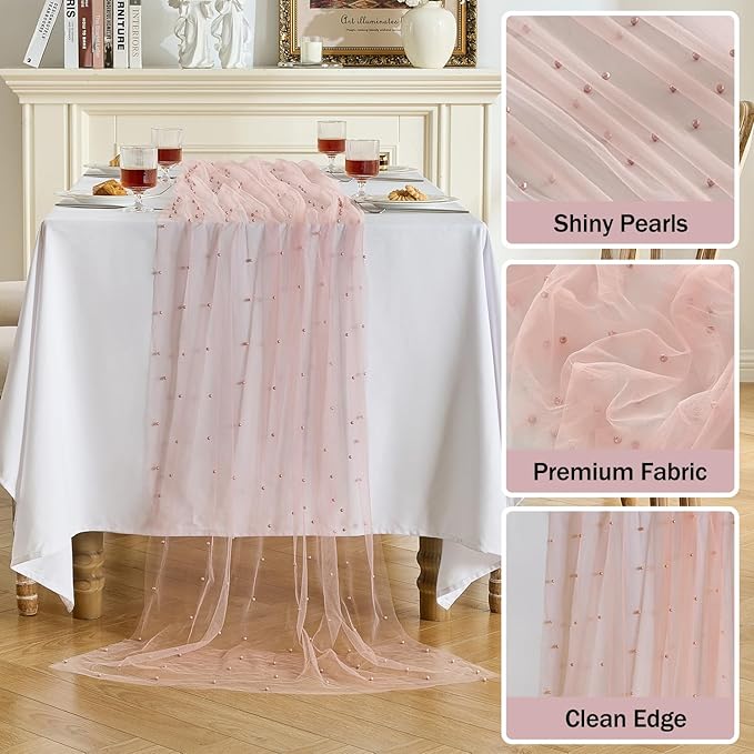 Fanami 3 Pack Pearl Table Runner -10FT Dusty Pink Boho Tulle Table Runners 120 - Image 3