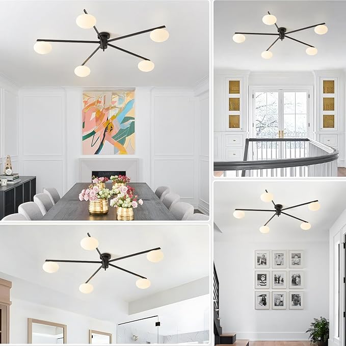5 Lights Mid Century Modern Black Sputnik Semi Flush Mount Ceiling Light - Image 5