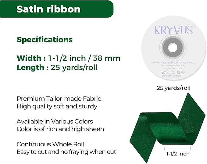 Green Satin Ribbon 1-1/2 inch X Continuous 25 Yards, Single Face Polyester - Image 3