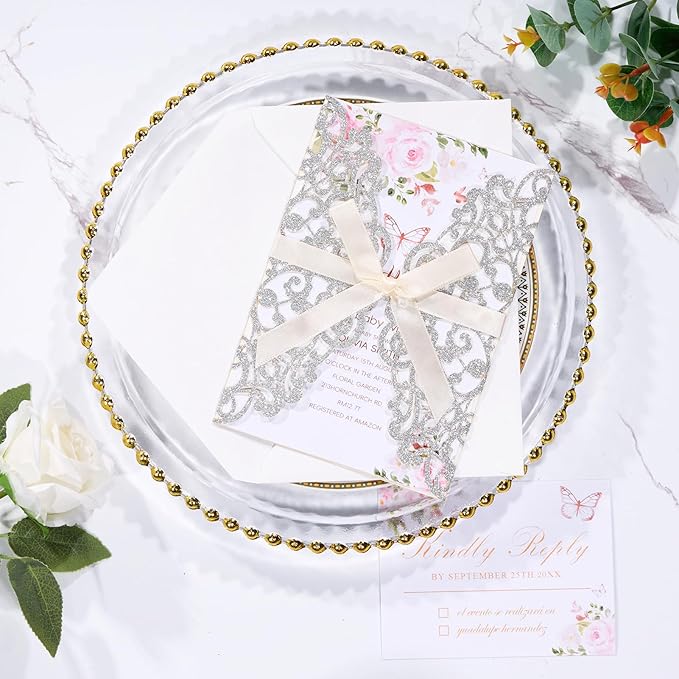 50Pcs Sliver Glitter Wedding Invitations - Image 2