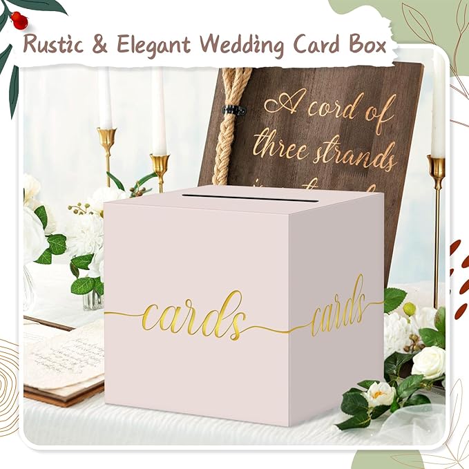 QIKSION Blush Pink Wedding Card Box, Rose Gold Foil Gift Card Box - Image 2