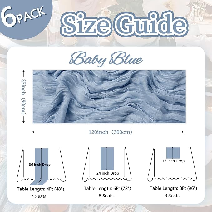 6 Pack Dusty Blue Table Runner 10ft Boho Gauze Fabric Cheesecloth Table Runner - Image 2