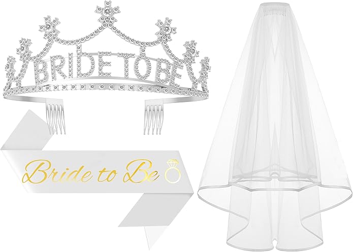 3Pcs Bride to Be Crown with Sash and Veil by Papoopy