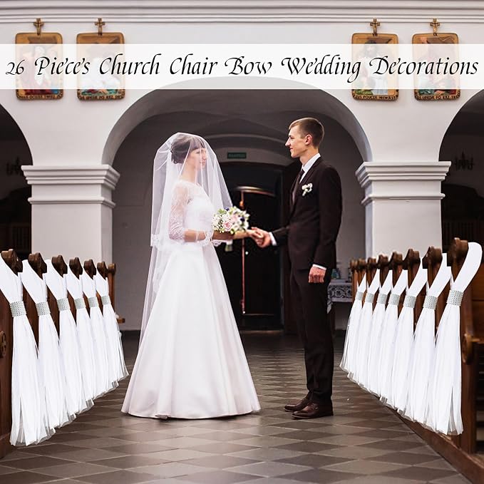 26 Sets Large White Pew Bows Tulle Wedding Aisle Chair Decorations, Extended - Image 4