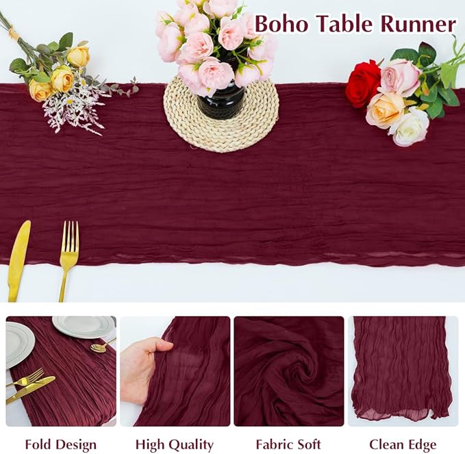 10 Pack Wine red Cheesecloth Table Runner -21*120Inch Long Boho Wedding Table - Image 3