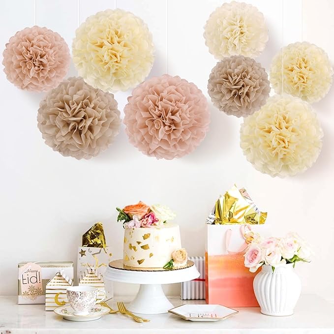 EASY JOY Boho Tissue Pom Poms Paper Flowers Hanging Decorations Brown Beige - Image 5
