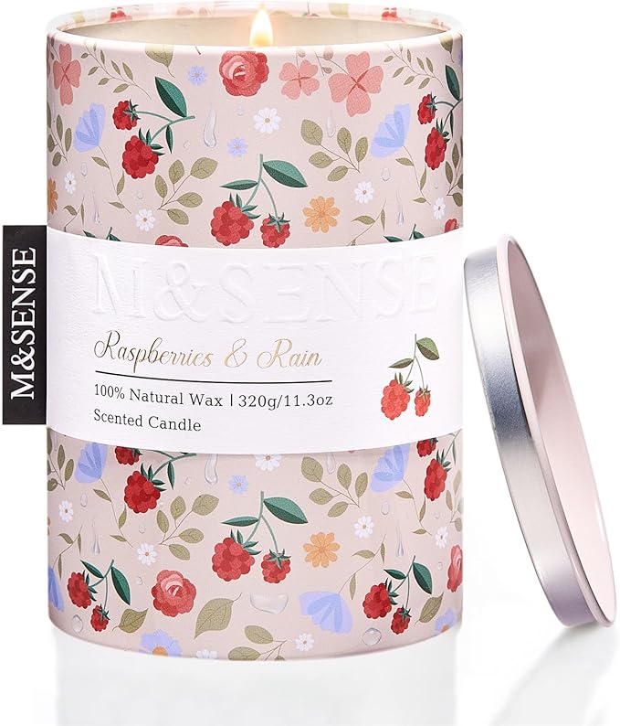 M&SENSE Raspberries Rain Scented Candle, Medium Jar Candle 11.3oz Natural Soy by MSENSE