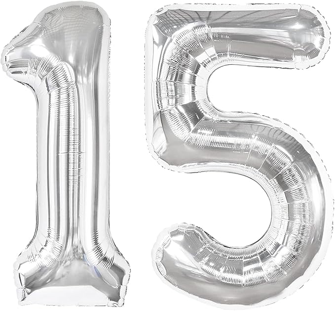 Silver 40 Inch Large Number 15 Birthday Balloon, 15th 15 Birthday Celebration by Upgesy