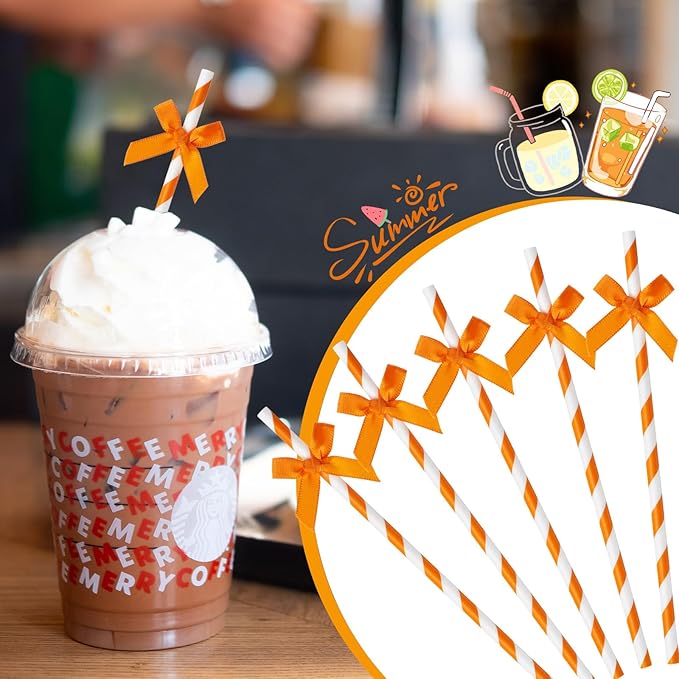 50 Pcs Fall Orange Paper Bow Straws - Image 7