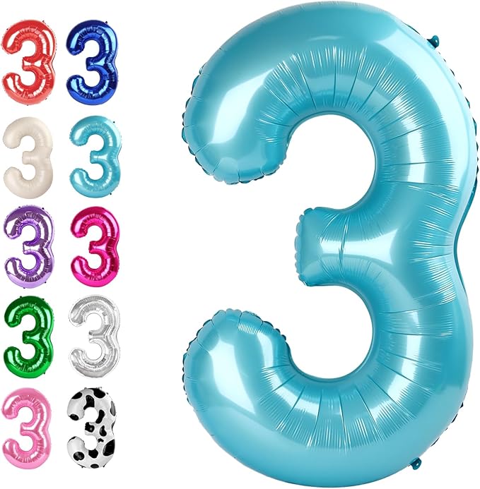 40 Inch Pearl Blue 3 Large Number Balloon, 3 13 23 30 33 36 38 Pearl Blue by Upgesy