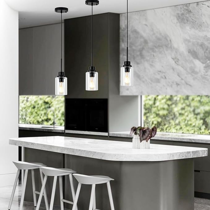 Island Lights for Kitchen, Modern Black Farmhouse Clear Glass Cylinder Pendant - Image 5