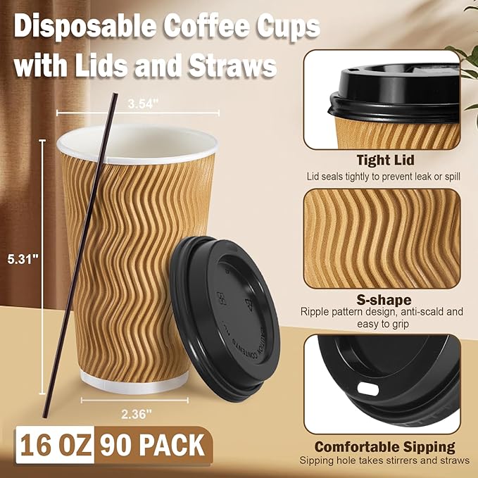 SIUQ 16 oz Coffee Cups-90 Pack Disposable Coffee Cups - Image 2