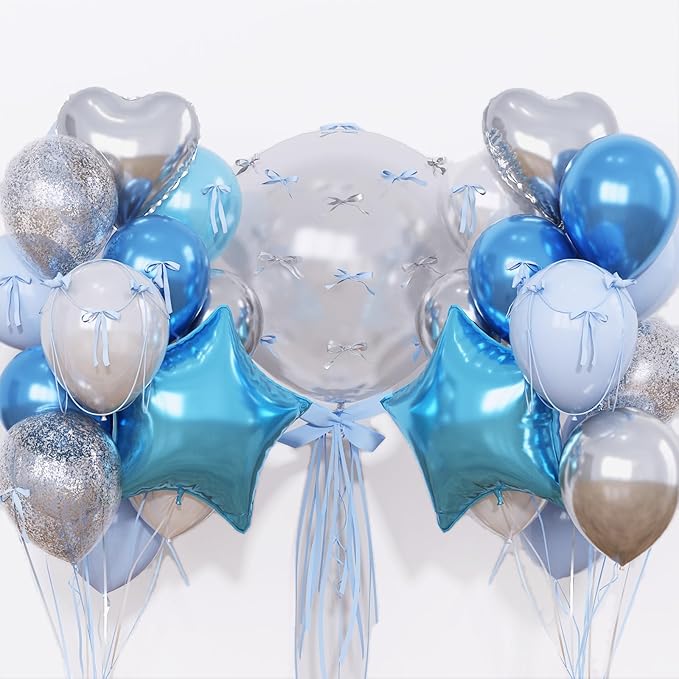 Blue and Silver Balloons Heart Star Mylar Balloons, Happy Birthday Decorations by Froova
