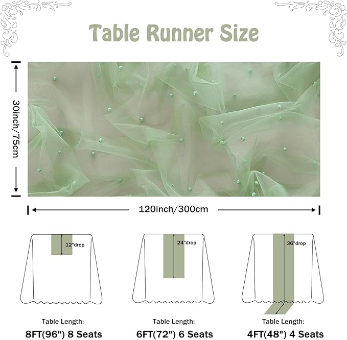 Fanami 1 Pack Pearl Table Runner -10FT Sage Green Boho Tulle Table Runners 120 - Image 4