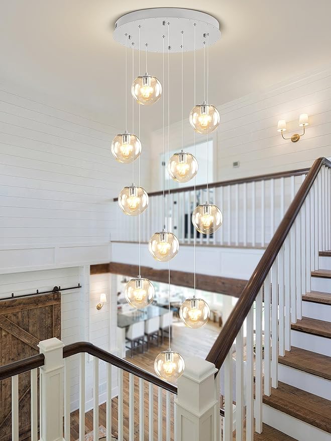 H118 Staircase Chandelier for Entryway Modern Globe Chandelier 12-Lights Glass - Image 5