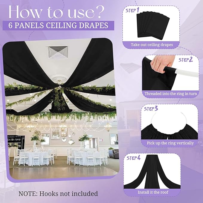 6 Panels Black Ceiling Drapes for Wedding, 5ftx30ft Ceiling Drapes Cheesecloth - Image 9
