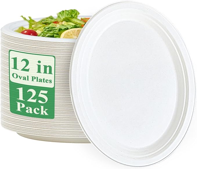 Vplus 100% Compostable Oval Paper Plates 12 inch 125 Pack Super Strong by Vplus