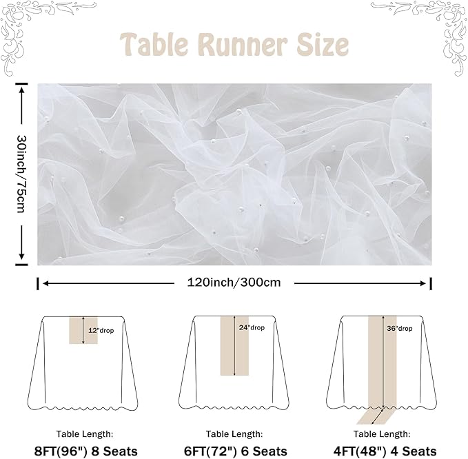 Fanami 6 Pack Pearl Table Runner -10FT Ivory White Boho Tulle Table Runners 120 - Image 4