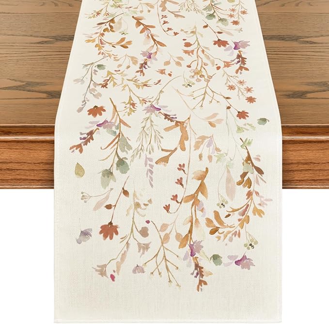 Artoid Mode Floral Leaves Fall Table Runner, Wild Flowers and Grasses Seasonal by ArtoidMode