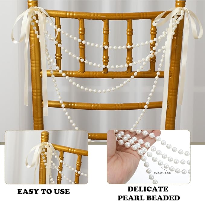 16 Pcs Wedding Pearl Bow Chair Decor Satin Ribbon Bows - Image 2